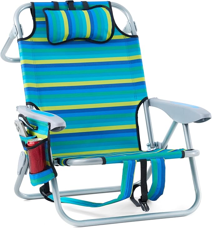 Canpsky Portable Recliners Chair for Adults, Outdoor Camping Chair Lay Flat Folding Backpack Reclining Chair with 5 Positions, Headrest, Cooler Pouch, Cup Holder, Multi Srtiped