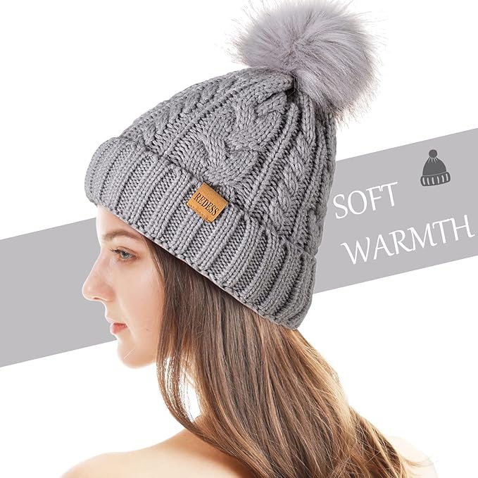REDESS Women Winter Pompom Beanie Hat with Warm Fleece Lined, Thick Slouchy Snow Knit Skull Ski Cap
