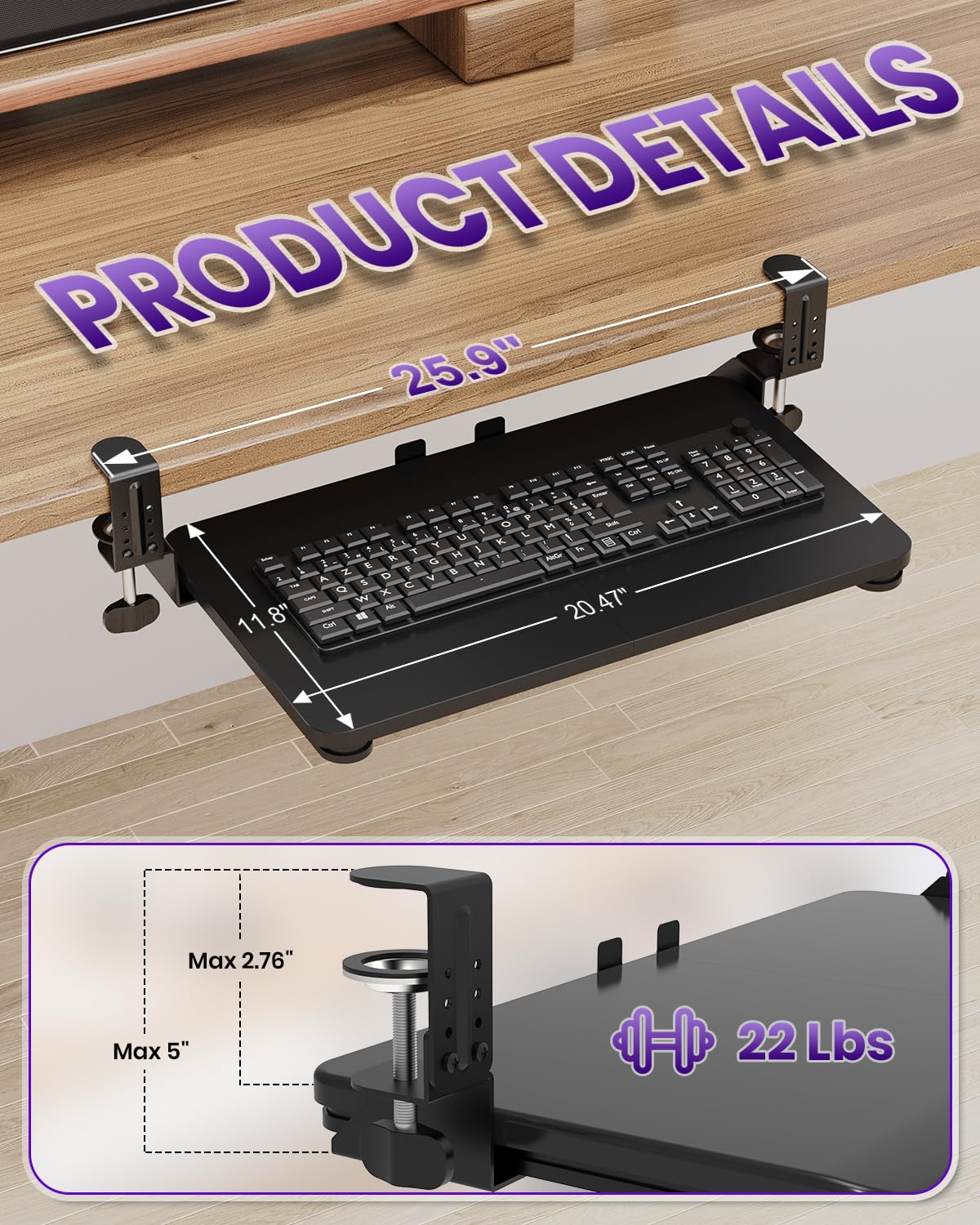Zontera Ergonomic Mouse & Keyboard Tray Under Desk, Pull Out with Adjustable C-clamp, 20 x 11.8 Inch Slide Out Computer Keyboard Drawer Mouse Tray for Typing, Black