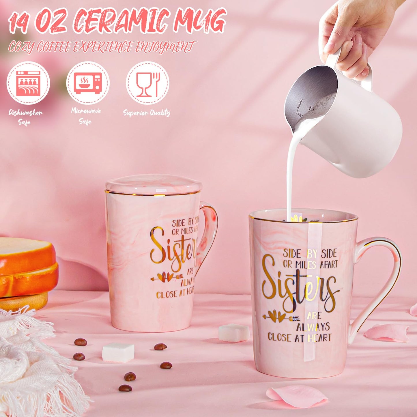 Sister Birthday Gifts from Sister Brother, 7pcs Relaxing Bath Set Basket with Funny Gold Print Mug, Scented Candle, Greeting Card, Self Care Set, Idea for Sisters in Law, Soul Sisters, Nice Gift Boxed