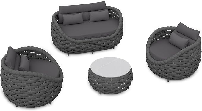 Erotr 4 Pieces Outdoor Patio Furniture Set, All Weather Textilene Patio Conversation Set Patio Sofa and Loveseat Set with Table Cushions for Bistro Poolside Garden Backyard Hotel - Dark Gray