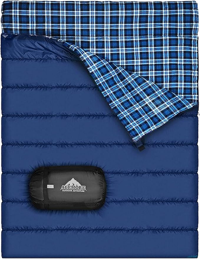 AGEMORE Cotton Flannel Double Sleeping Bag for Camping, Backpacking Or Hiking. Queen Size 2 Person Waterproof Sleeping Bag...