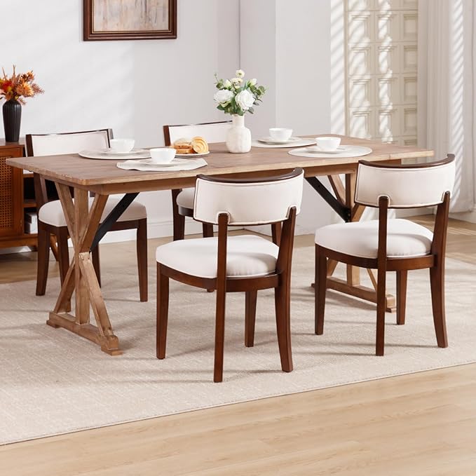 DM Furniture Dining Chairs Set of 6 Linen Fabric Upholstered Dining Room Chairs with Curved Backrest Mid Century Modern Farmhouse Kitchen Chair Solid Wood Side Chairs for Living Room/Restaurant