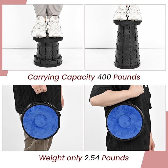 FXKS 2 Pack Upgraded Collapsible Stool Folding Stool with Cushion,Retractable Folding Stool Max Load Capacity 400lbs, Portable Telescoping Stools for Camping Hiking Outdoor BBQ -Black