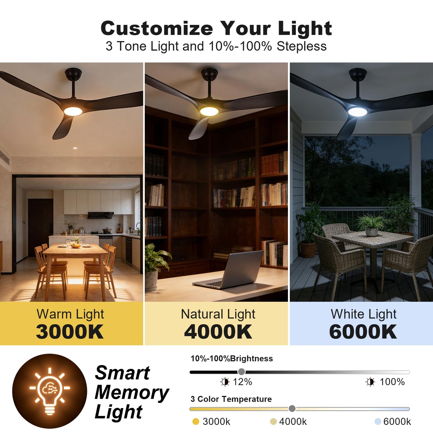 Mosanfan 52 Inch Ceiling Fans with Lights and Remote, Wood Outdoor Ceiling Fan with 6 Speed Noiseless DC Motor, Indoor Modern 3 Blade Propeller Ceiling Fan for Bedroom Living Room Gazebo Patio (Black)