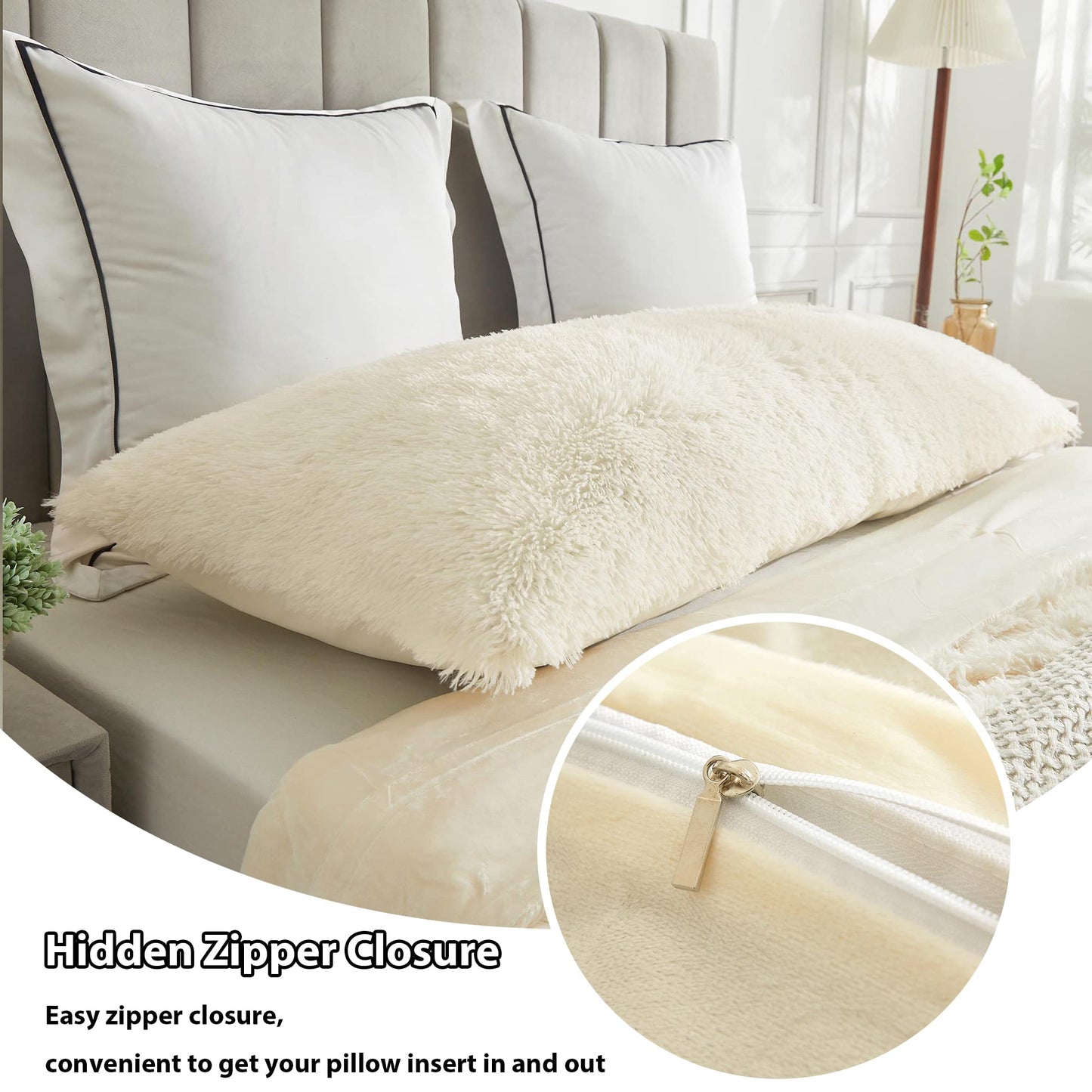 LIFEREVO Off White Body Pillow Cover,Luxury Shaggy Ultra Soft Plush Faux Fur Pillowcase 20"x54" for Bed Couch,Microfiber Long Pillowshams for Pregnant Women/Mother/Wife(Light Beige)