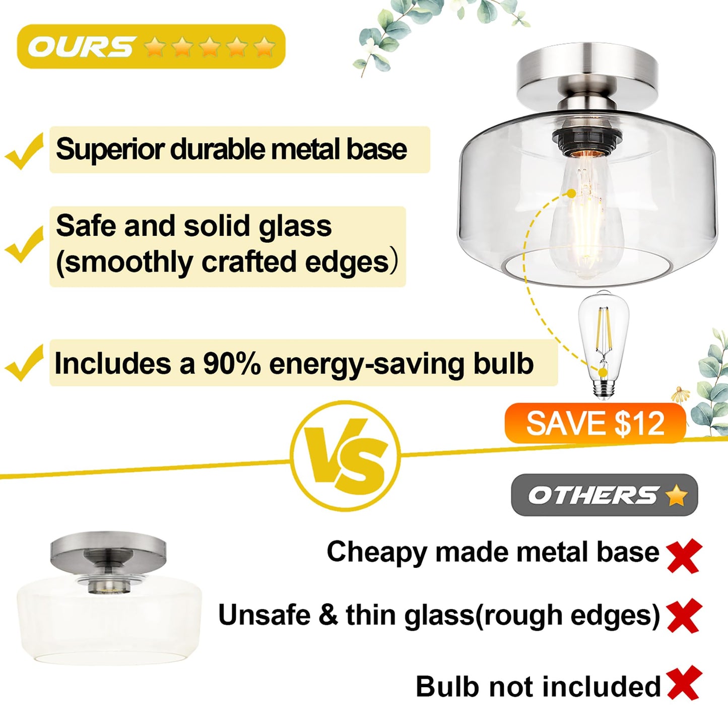 Industrial Semi Flush Mount Ceiling Light Brushed Nickel, 800 Lumen LED Bulb Included, Clear Glass Shade Ceiling Light Fixture, Farmhouse Light Fixture for Hallway Corridor Kitchen Bathroom Bedroom