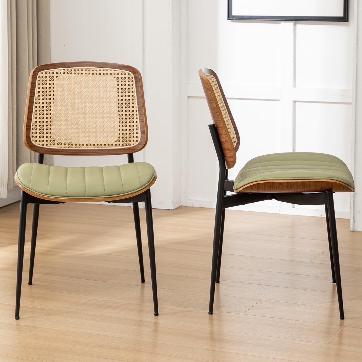 YOUUGIOR Rattan Dining Room Chairs Set of 4,Mid Century Modern Green PU Leather Kitchen Chair,Upholstered Seat Metal Legs Chairs with Adjustable Foot Pads,Walnut Armless Side Chairs