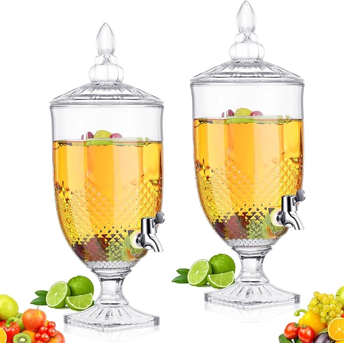 Bokon 2 Pieces Drink Dispensers for Parties Crystal Iced Beverage Dispenser with Stand and Spigot, Glass Liquid Containers...