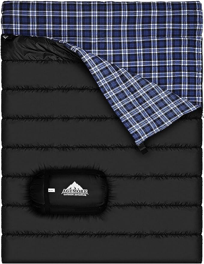 AGEMORE Cotton Flannel Double Sleeping Bag for Camping, Backpacking Or Hiking. Queen Size 2 Person Waterproof Sleeping Bag...