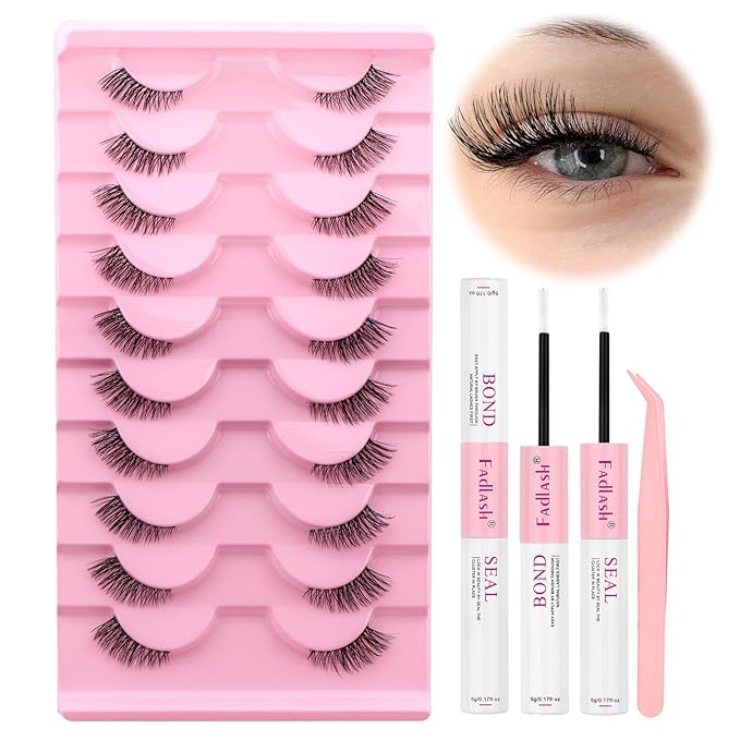 FADLASH False Eyelashes Kit 10 Pairs Faux Mink Lashes Wispy with Lash Bond and Seal and Tweezer Fake Eyelashes Natural Look Handmade Eyelashes Cat Eye Lashes Fake Lashes Strips (BY001 Kit)