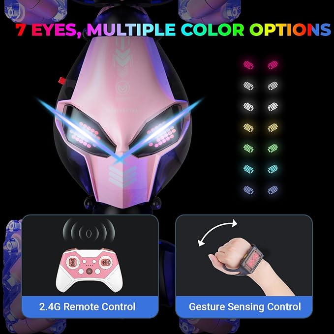 Gesture Sensing Rc Stunt Car with Light & Music, 2.4GH 4WD Hand Controlled Double Sided 360° Flips Off Road Transform Vehicle Truck with LED Eyes, Toy Gift for Kid Age 8+ Girls (Pink)