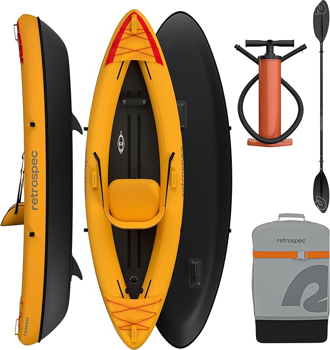 Retrospec Coaster Single & Tandem Inflatable Kayak for Adults, 220 & 440lb Weight Capacity, Lightweight with Paddle & Pump