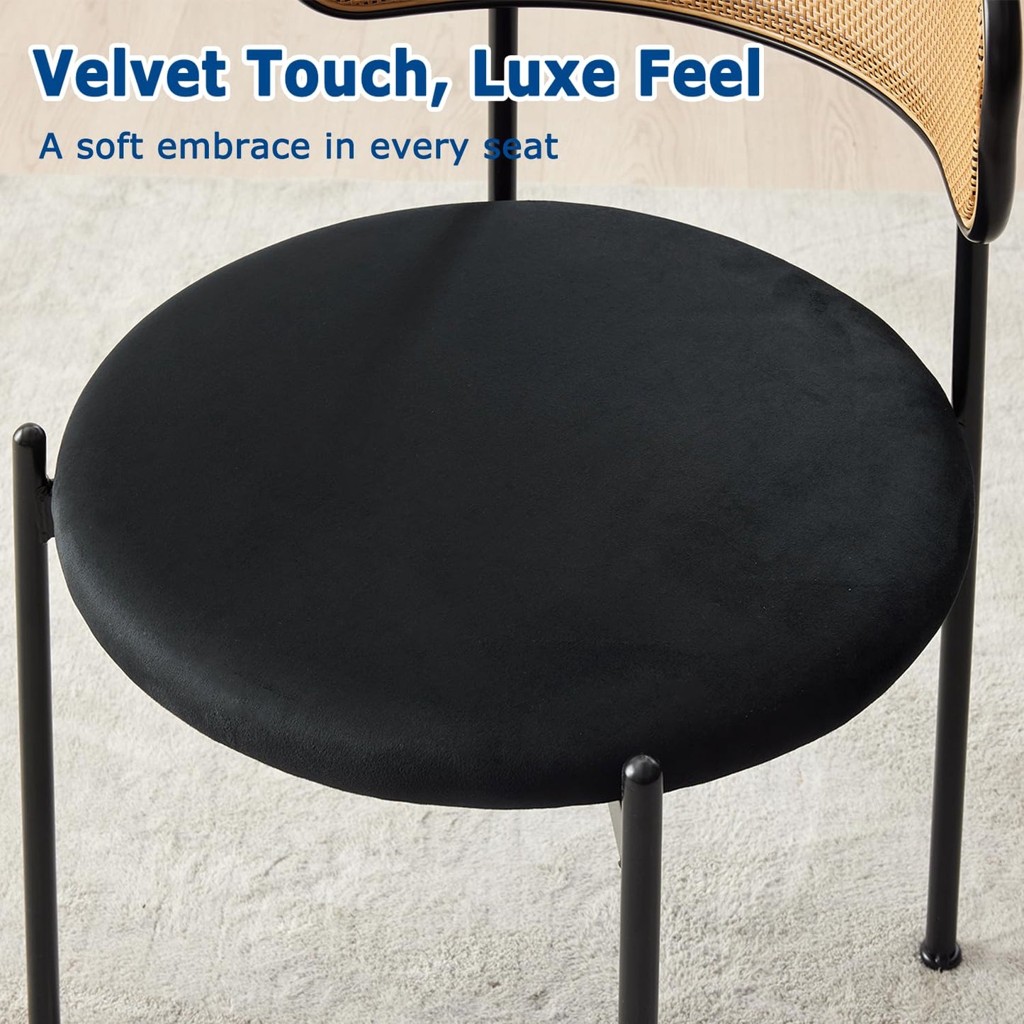 Rattan Dining Chairs Set of 4, Mid-Century Modern Chair with Boucle, Kitchen Dining Room Chairs for Living Room with Metal Legs, Round Upholstered Sherpa Chair with Rattan Backrest for Home, Black