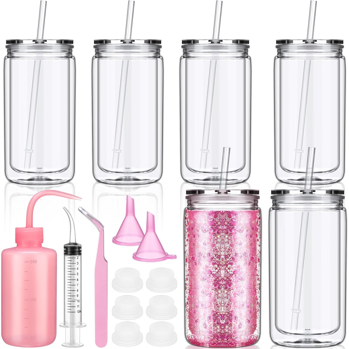 Teenyyou 6 Pack Plastic Snow Globe Tumbler 16 Oz Pre Drilled Double Wall Clear Cups with Lid and Straw Squeeze Bottle Funnel Tweezer Bent Syringe for Glitter Snow Globe DIY Cup Making Supplies