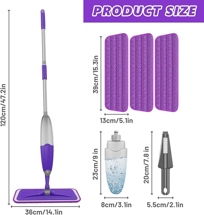 HOMTOYOU Spray Mops for Floor Cleaning: Wet Mop for Hardwood Tile Wood Laminate Vinyl - 3 Washable Microfiber Pads for Swiffer Powermop - Absorbs Pet Hair Dust