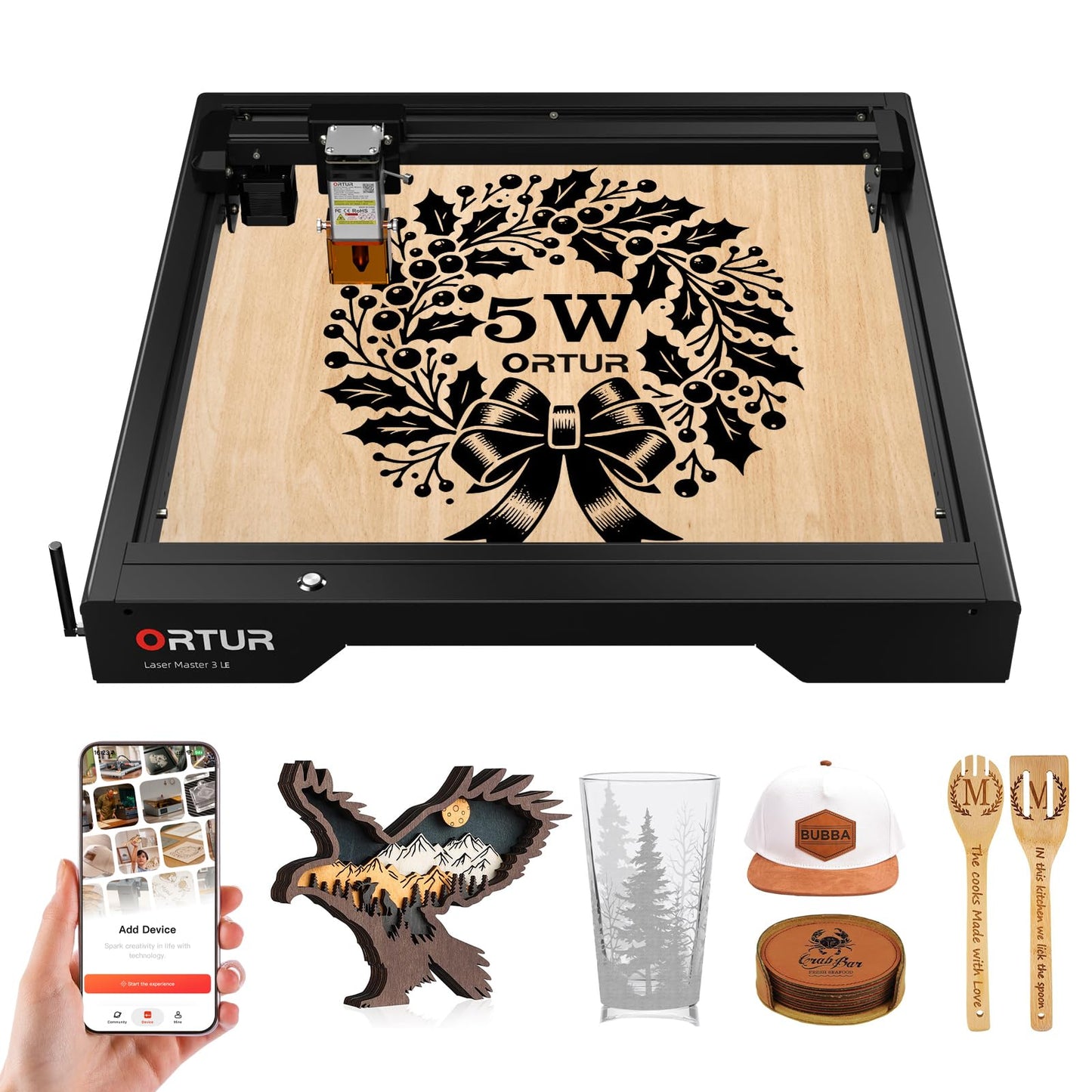 Ortur Laser Master 3 LE 5,000mW Laser Engraving Machine, 0.09×0.15mm Spot Laser Cutter and Engraver for Wood Leather Acrylic, Support APP Control, Engraving Area 15.7''x15.7'', Class 4