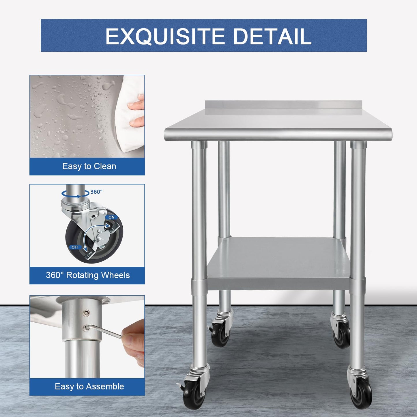 HARDURA Stainless Steel Table 24 x 30 Inches with Wheels Casters NSF Heavy Duty Commercial Prep Table with 2” Backsplash and Adjustable Undershelf for Restaurant Kitchen Home and Hotel