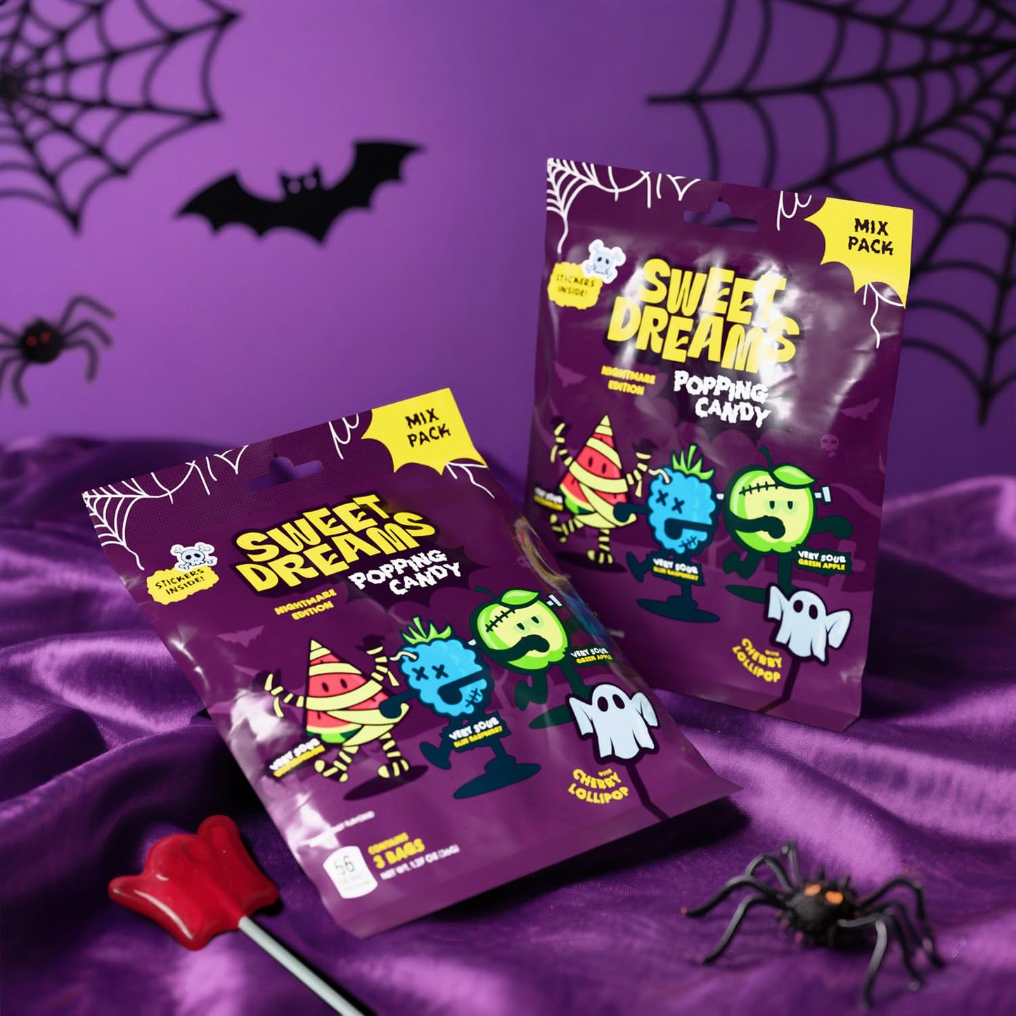 Sweet Dreams Popping Candy | Spooky Ghost Shaped Lollipop with Very Sour Dip Pouches, and Halloween Stickers | Trick or Treat Candies | Mix Pack, 3 Bags (3 pouches in each)- 9 Total Pouches