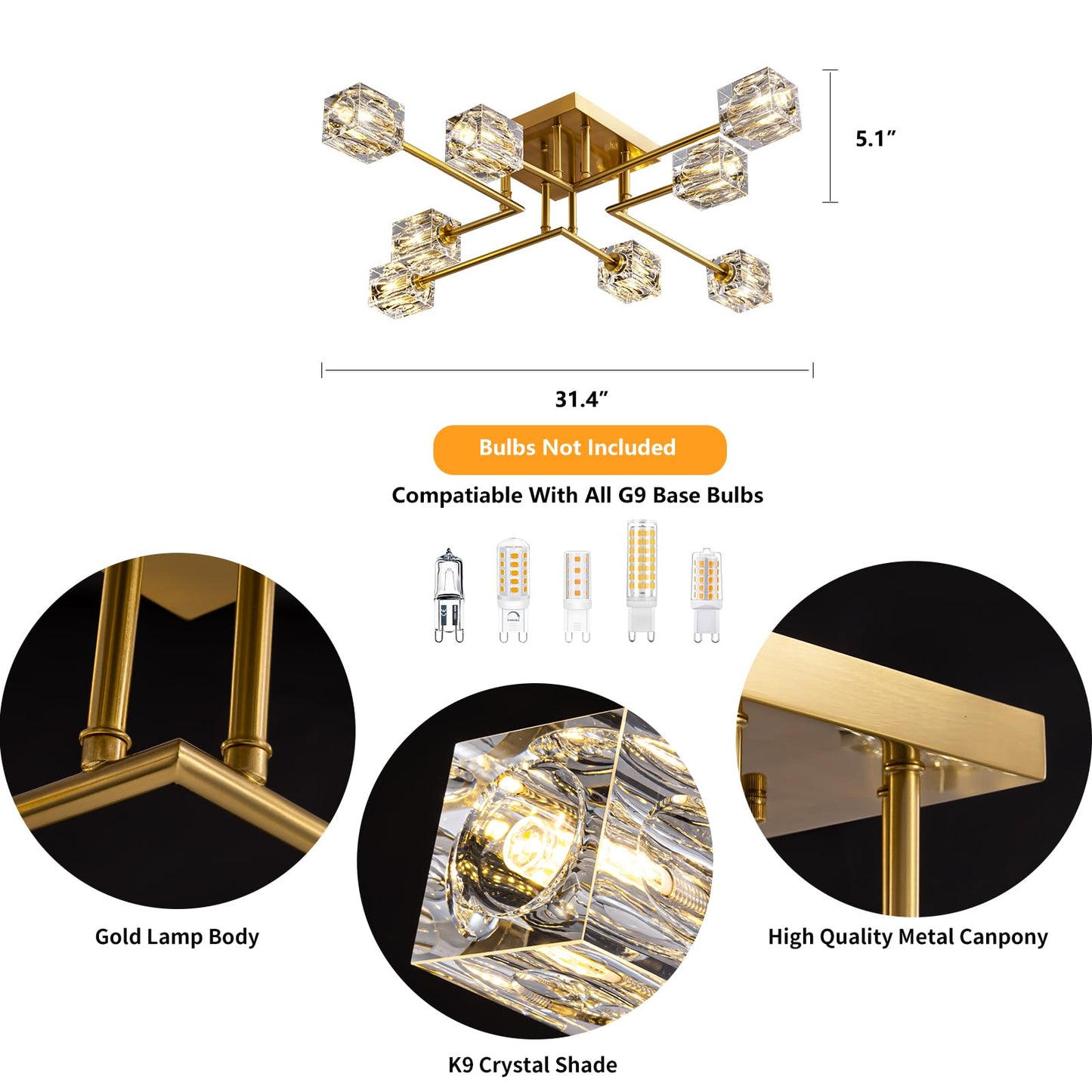 OKES Modern Crystal Ceiling Light,Semi Flush Mount Ceiling Light Fixture with 8-Lights,Gold Sputnik Chandeliers for Bedroom,Dining Room,Farmhouse Kitchen,Office,Living Room
