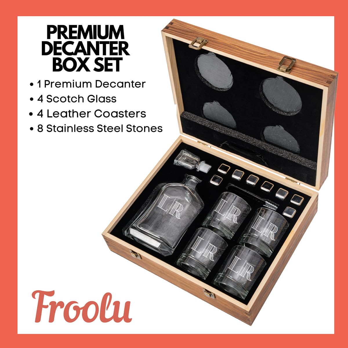 Personalized Whiskey Decanter Set for Men - 9 Design Options - Engraved Liquor Decanter Sets with Scotch Glasses - Gift Set for Him, Dad - Premium Set Includes Whiskey Stones - by Froolu Monogram