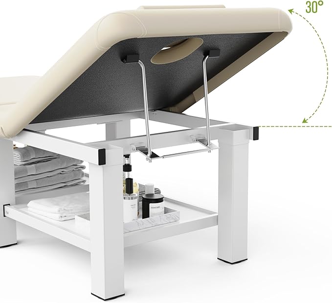 Folding Stationary Massage Table with Backrest and Storage Space, 6 Square Legs Metal Frame PU Leather, 30.5'' Wide × 75'' Long for Treatment Table Physical Therapy Table Spa Facial Bed, Beige Gray