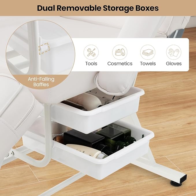 Giantex 72" Massage Bed with Hydraulic Stool, 3-Section Tattoo Chair with Adjustable Backrest, Legrest & Storage Boxes, Facial Chair for Professional Massage Lash Beauty Treatment Spa (White)