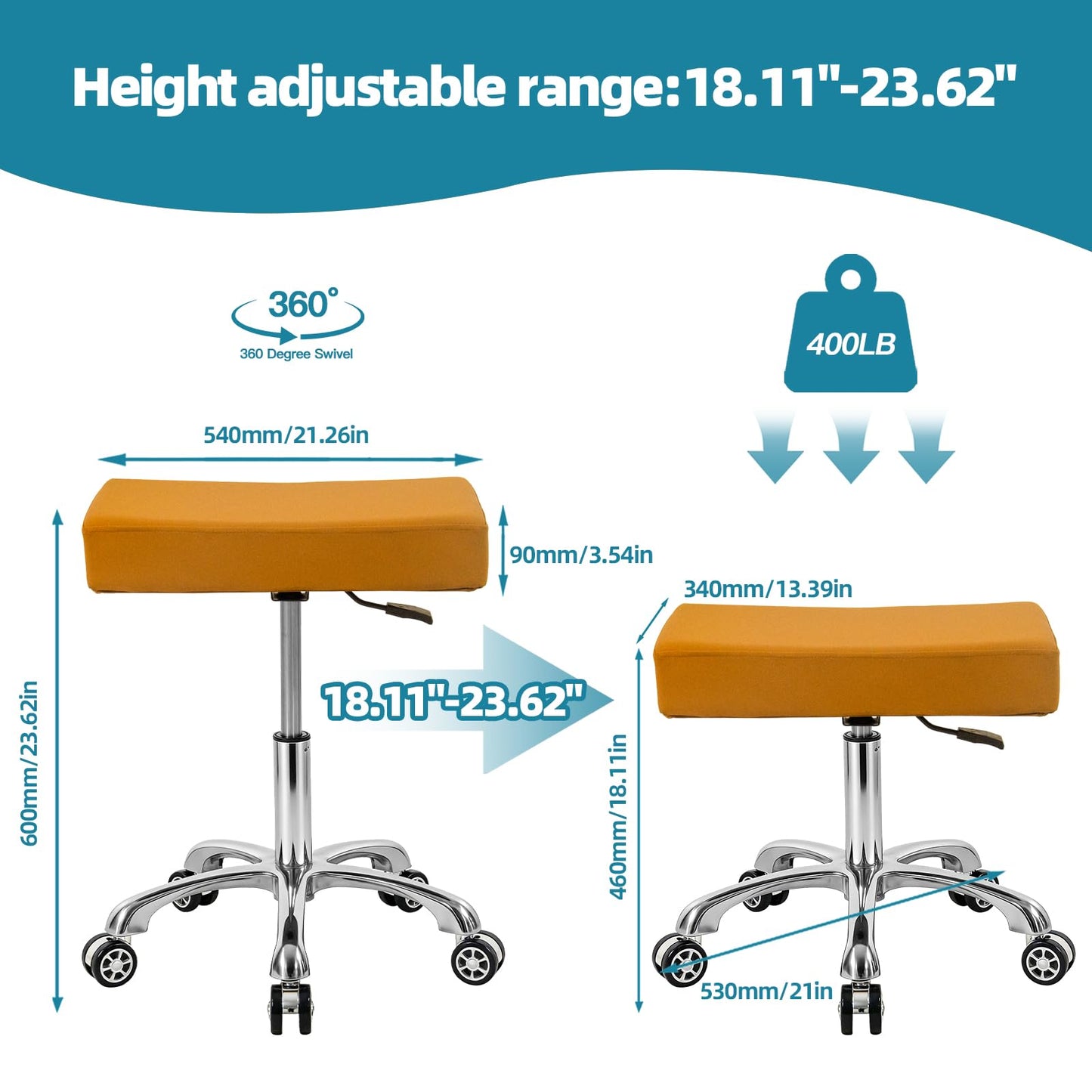 Lilfurni Adjustable Heavy Duty Rolling Swivel Stool Chair for Massage Office Tattoo Home,Work Stool with Wheels(Camel)