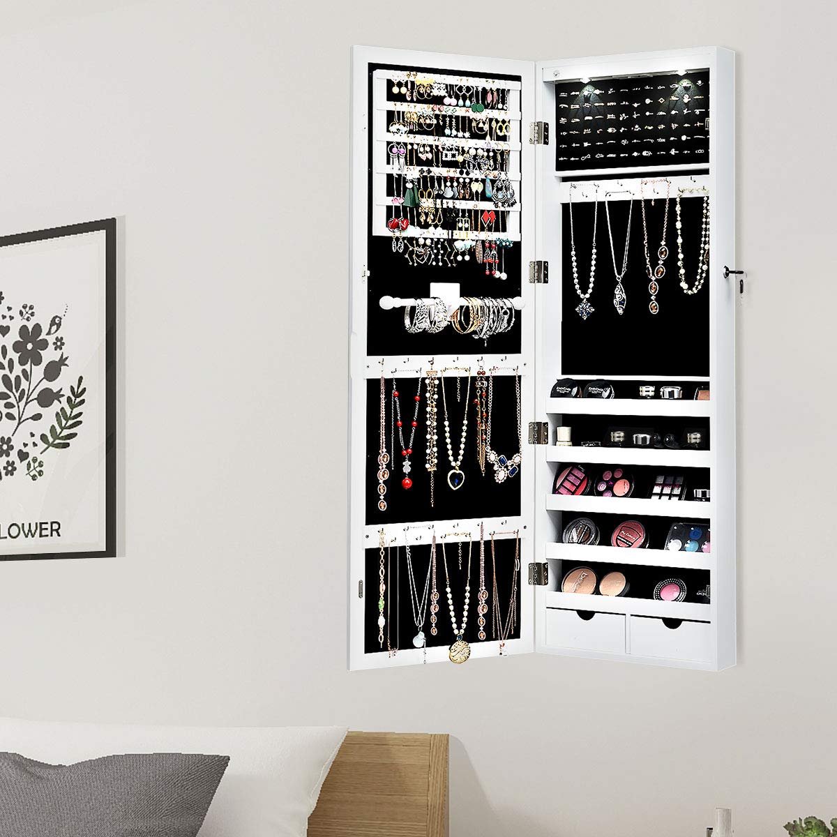 FANTASK Wall/Door Mounted Jewelry Cabinet Armoire, Lockable Armoire Cabinet w/Full Length Mirror, 2 LED Lights, Adjustable Hanging Hooks, Jewelry Organizer for Dressing Make-up (White)