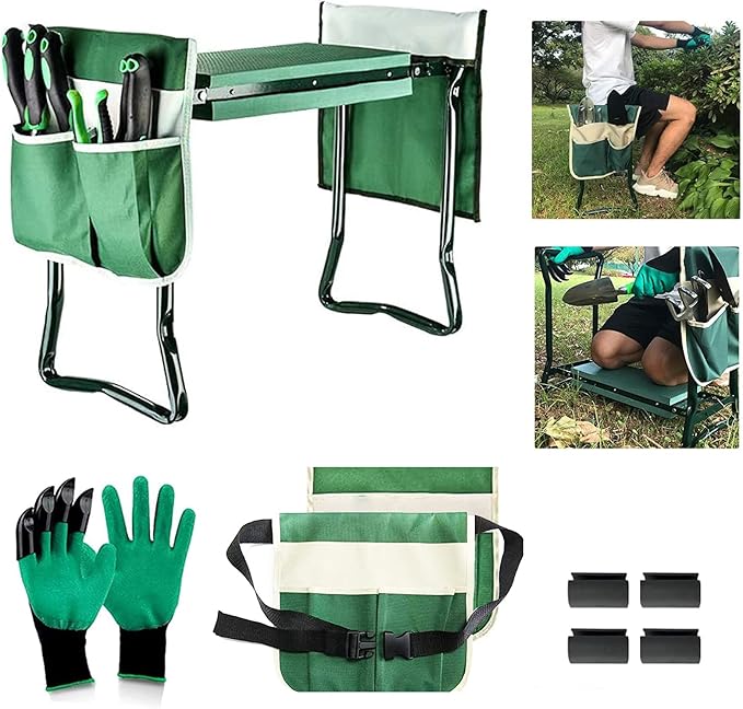 PLKO Garden Kneeler and Seat Stool Heavy Duty Garden Folding Bench with Large RemovableTool Pocket Gloves and Soft EVA Kneeling Pad for Gardening Lovers