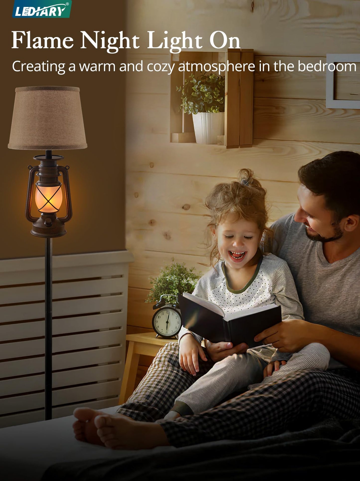 LEDIARY LED Flashing Flame Night Lantern Farmhouse Floor Lamp for Living Room, Rustic Standing Lamp with Beige Linen Drum Lampshade, Lantern Floor Lamps for Bedroom Home Decor