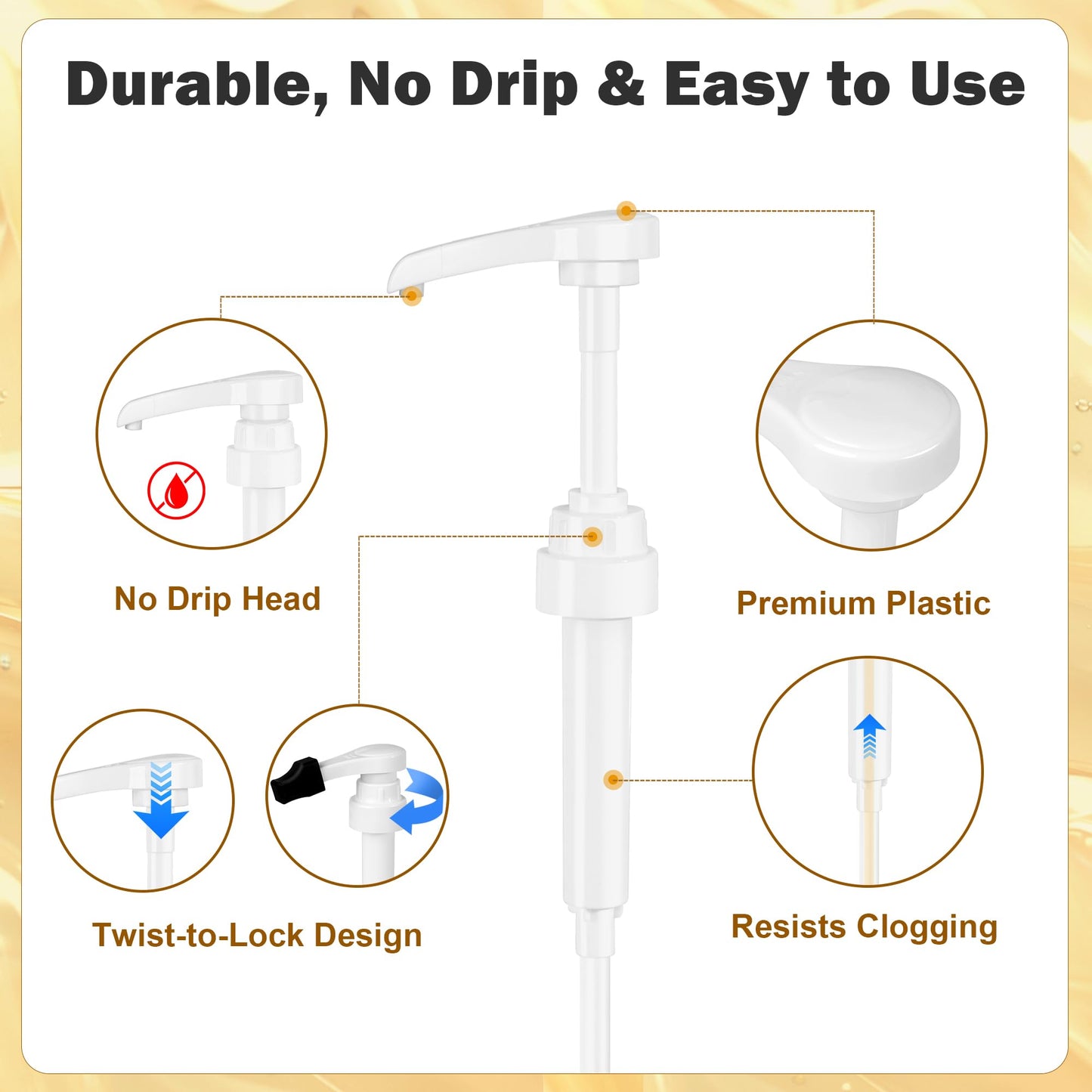 Coffee Syrup Pump for 750 ml Bottle – 4 Pack Syrup Dispenser Pumps Compatible with Monin Glass Bottles – No Clog, Precise Dispensing, Includes 6 Tip Covers – for Coffee Bar, Kitchen, White