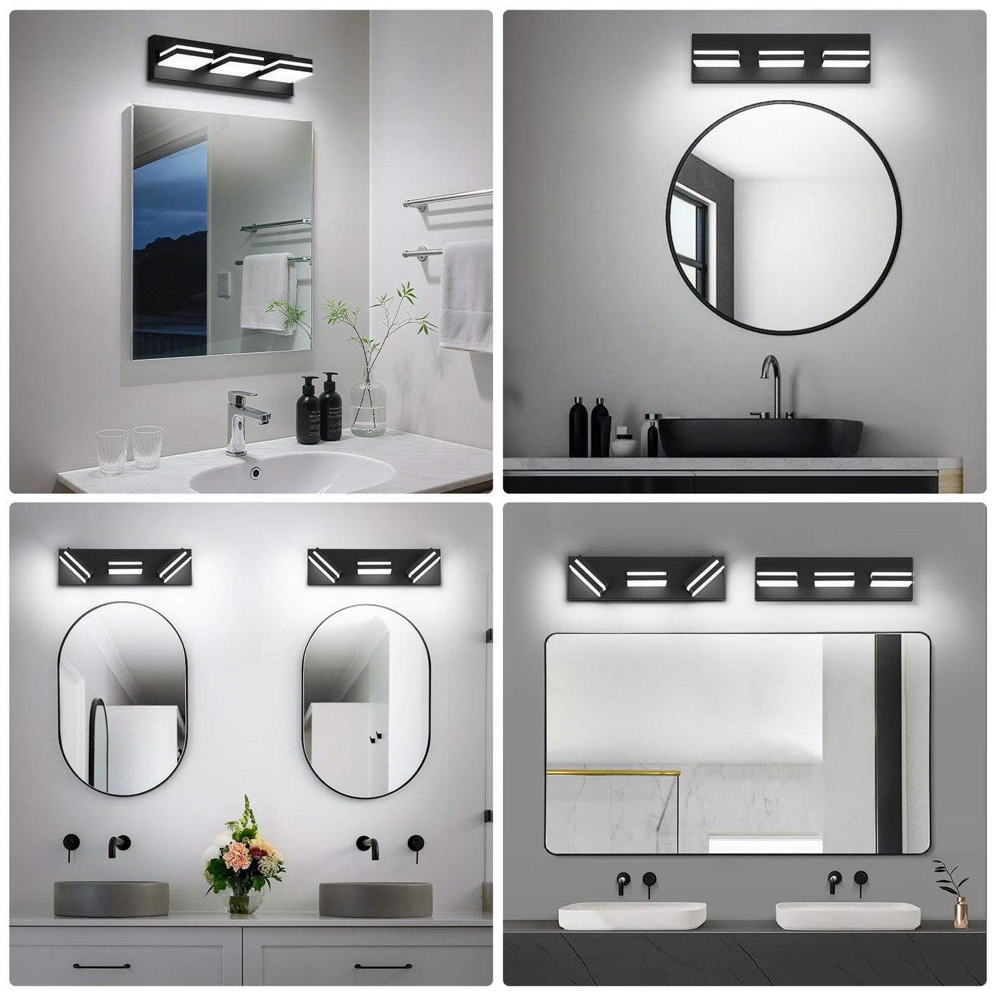 JZEKVN Modern LED Bathroom Lights Fixtures(3-Light),Metal Black Acrylic Wall Lighting,Vanity Lights for Bathroom Over Mirror(6000k 16In