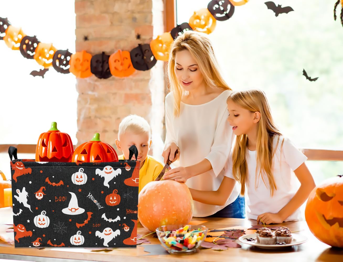 CLOCOR Rectangular Storage Basket,Collapsible Fabric Storage Container,Waterproof Toy Bin with Handles,Gift Basket(Black Halloween)