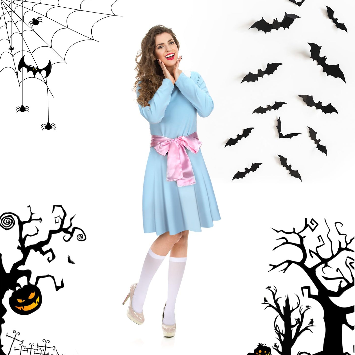 Leumoi 6 Pcs Halloween Adult Twin Costumes Blue Twin Dress Tube Socks with Pink Silky Ribbon for Women Cosplay Party(Small)