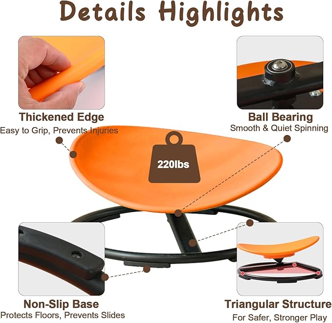 Kids Sensory Spinning Chair for Autism Ages 3+, Sit and Spin Swivel Chair for Kids with ADHD, Sensory Chairs for Autistic Children, Sensory Toys for Motion Sickness Relief, Balance Training (Orange)