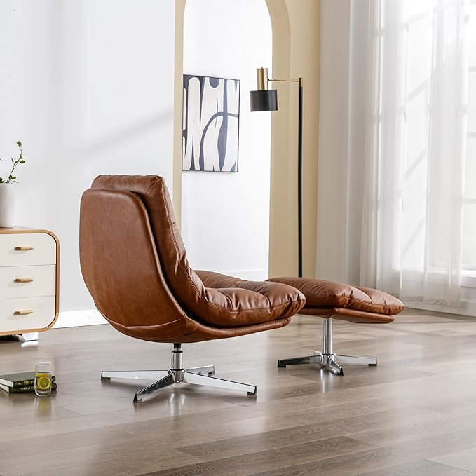 BESTANO Swivel Accent Chair with Ottoman, Mid Century Modern Faux Leather Lounge Chair with footrest, Comfy Oversized Armchair with 360 Degree Metal Base for Living Room/Bedroom, Brown
