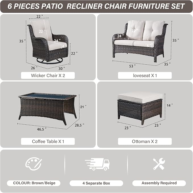 Belord Wicker Outdoor Furniture Patio Furniture Set - 6 Piece Patio Conversation Set with Swivel Rocker Chairs, Loveseat Sofa, Ottomans and Coffee Table, Beige Cushion