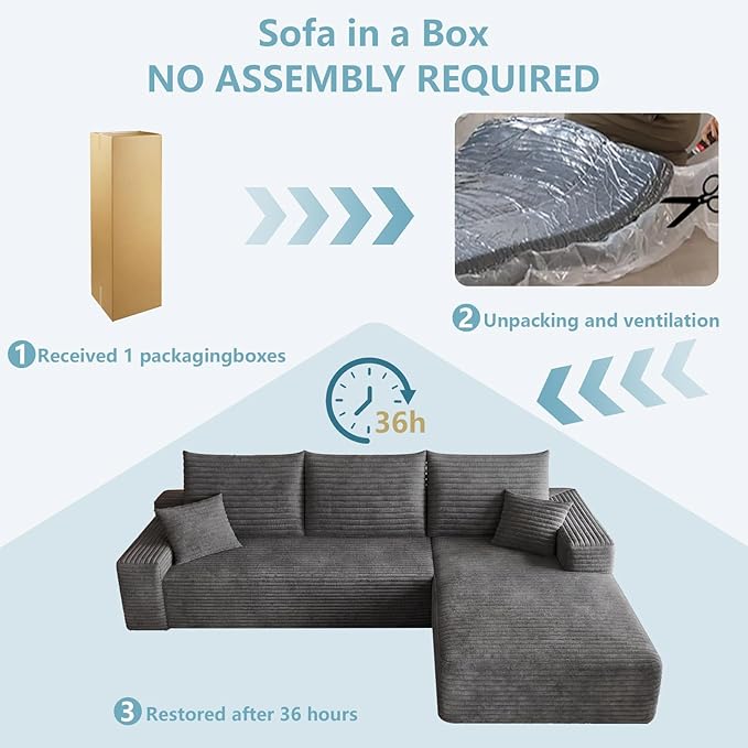 95" Cloud Sectional Couch with L-Shape Chaise, Modern Corduroy Boneless Couch for Living Room,Memory Foam Sofa with Deep Seat,No Assembly Required (Dark Gray,Right-Facing Chaise)