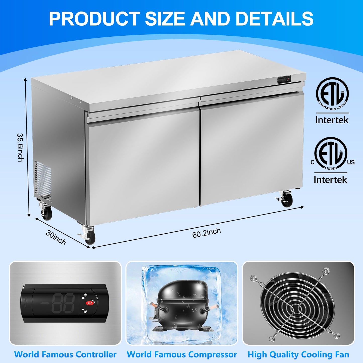 Rockitch 60" W Commercial Undercounter Refrigerator, 14.1 Cu.ft Stainless Steel Worktop Under Counter Fridge, Commercial Refrigerated Food Prep Table with 3 Door for Restaurant, Bar, Shop, etc.