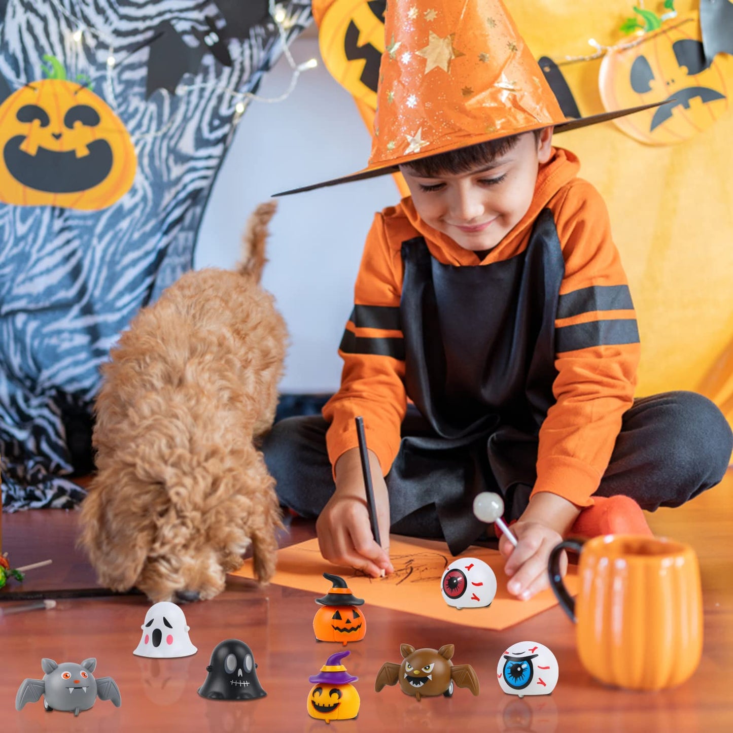 CCINEE 24PCS Halloween Pull Back Cars, Assorted Ghost Eyeball Bat Pumpkin Tiny Car Toys Halloween Friction Powered Racing Cars Vehicle Toy for Kids Halloween Bag Fillers Treats Prizes Party Favors