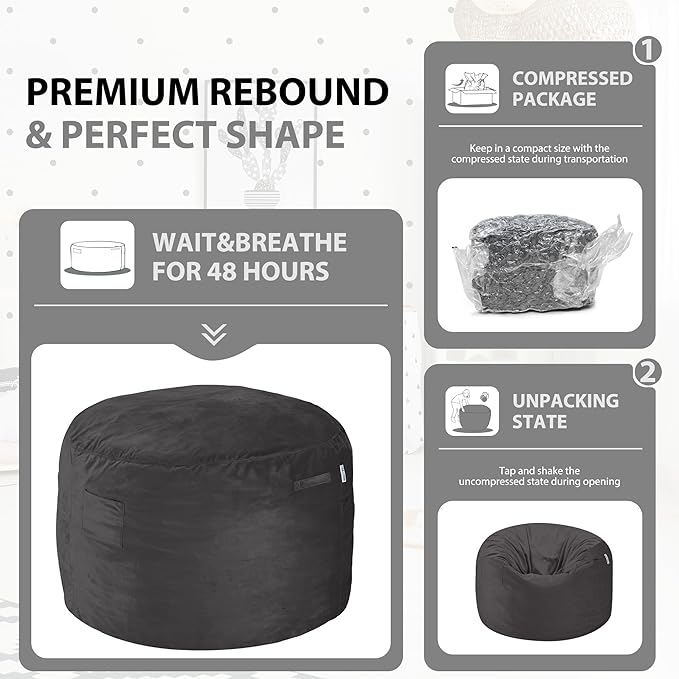 HABUTWAY Bean Bag Chair 3Ft Luxurious Velvet Ultra Soft Fur with High Rebound Memory Foam Bean Bag Chairs for Adults Plush Lazy Sofa with Fluffy Sponge 3' (Grey)