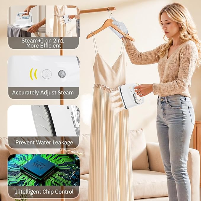 2-in-1 Steam Iron & Garment Steamer for Clothes, 0.78oz/min Powerful Steam, 35dB Quiet, 30s Heat Up, Ceramic Plate (280°F), 360° Rotation, 250ml Tank, Portable for Home Travel (New Model)