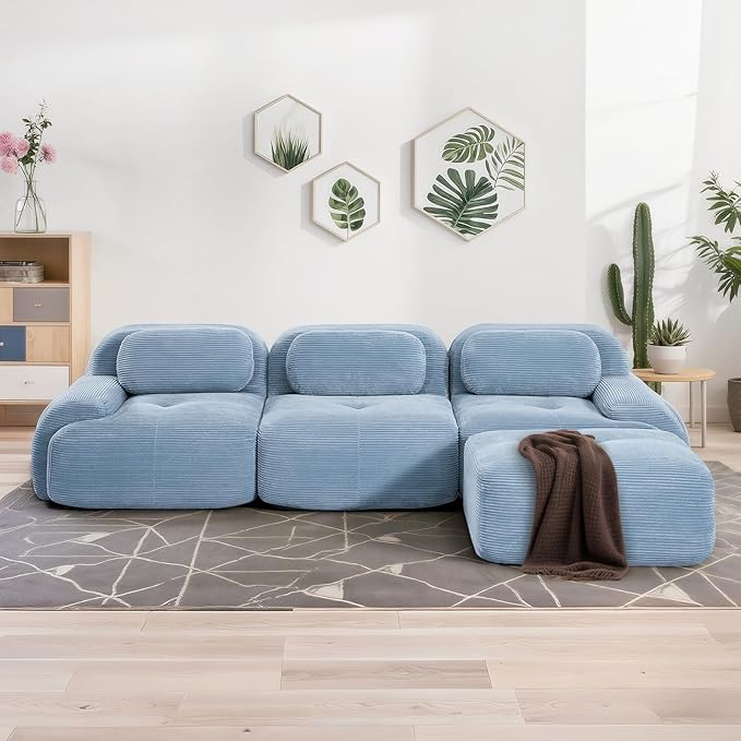 SoarFlash 117" Modern L-Shaped Modular Sectional Sofa for Living Room, Corduroy Upholstery Oversized 3-Seater Couch with Deep Seat and Movable Ottoman-No Assembly, Blue