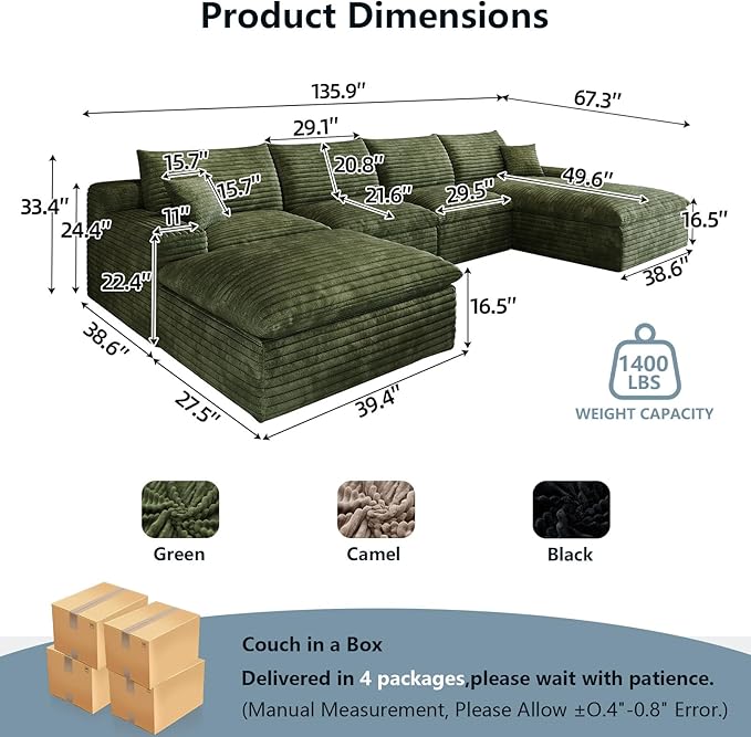 136" Cloud Sectional Couch U-Shaped Chaise with Ottoman, Corduroy Boneless Couch for Living Room Bedroom, Deep-Seat Upholstered Modular Cloud Sofa, No Assembly Required (Green, Right Facing Chaise)