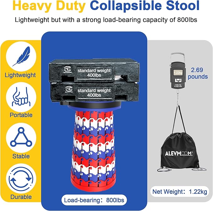 ALEVMOOM Upgraded 18.1" XL Collapsible Stool with Cushion, Portable Folding Stools for Adults Capacity 800lbs, Lightweight Telescoping Stool for Camping Travel Fishing Hiking