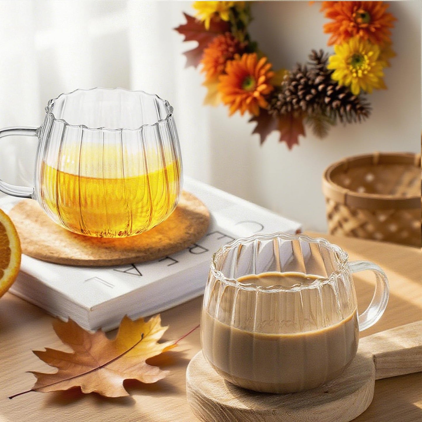 LuckyEra Clear Pumpkin Mugs Halloween Mugs with Handle Cute Pumpkin Coffee Mug Fall Mug Glass Pumpkins Cups Halloween Cups for Water Tea Thanksgiving Holiday Party Supplies