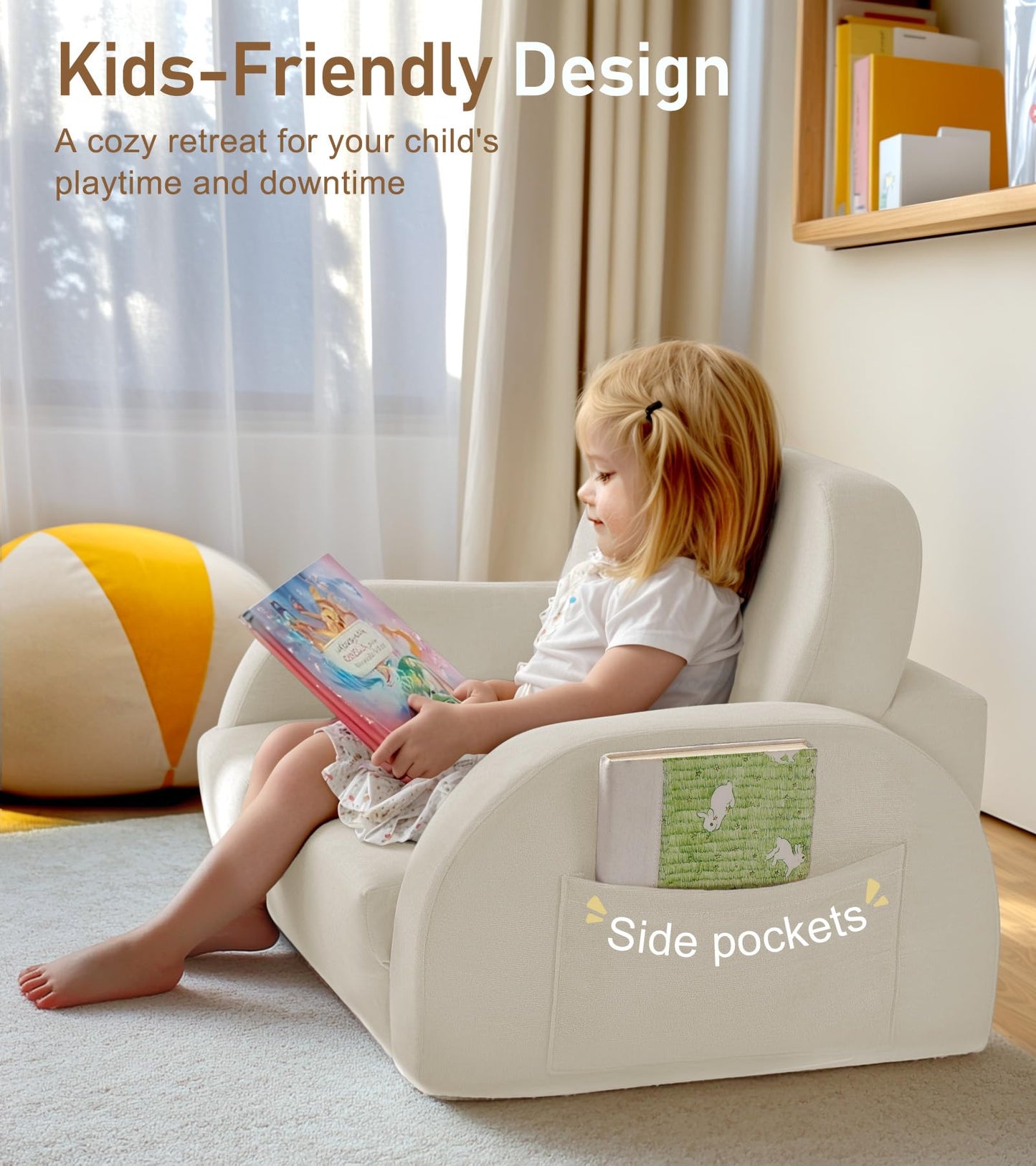 little dove 2-in-1 Convertible Kids Couch, Extra Wide Comfy Toddler Chair, Flip Out Toddler Couch, Kid Chairs with High Density Foam, Sofa Bed for Boys & Girls 3+, Beige