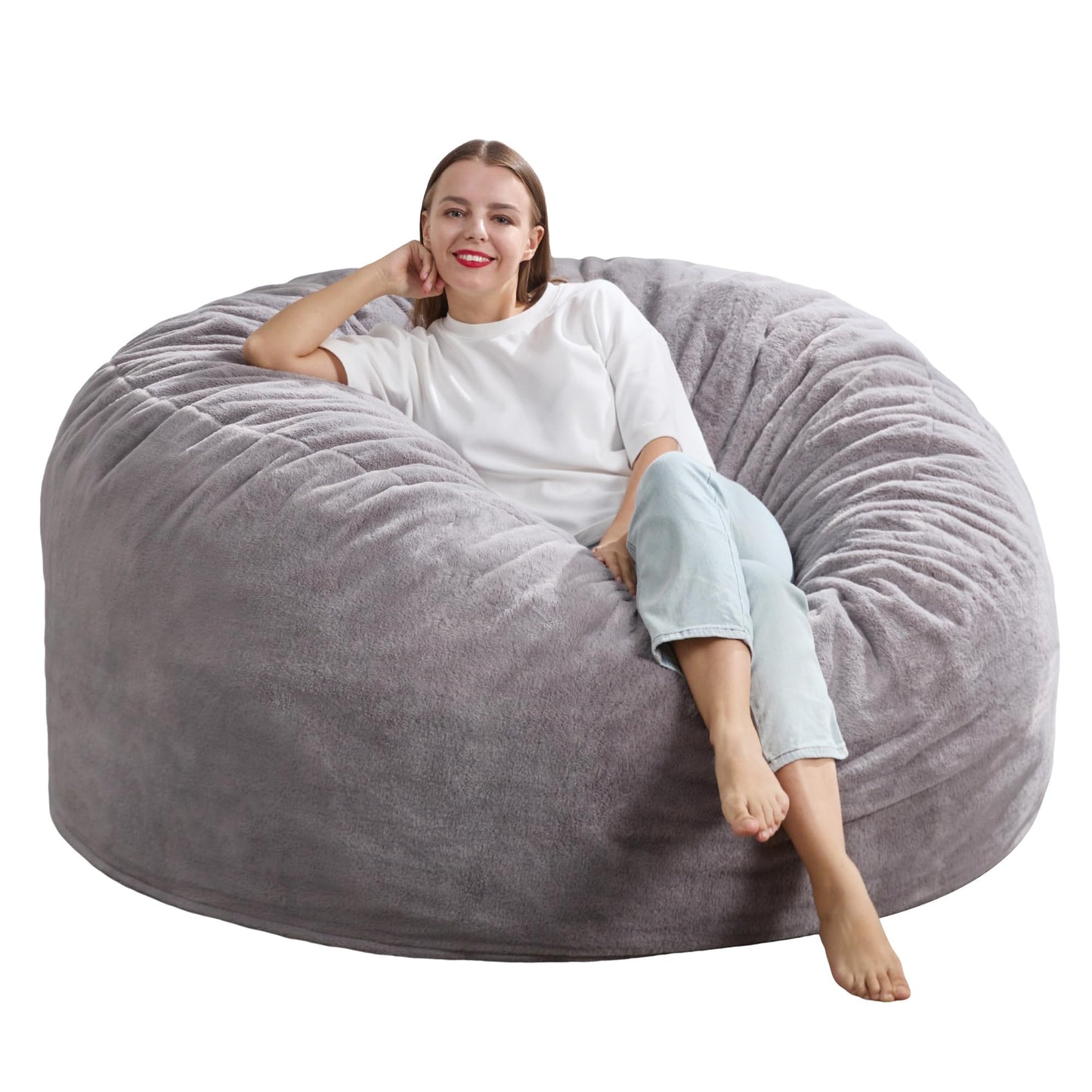 Hobestluk 5ft Bean Bag Chairs for Adults Large Beanbag Chair with Plush Faux Fur Cover Big Bean Bag Chair for Living Room Bedroom Dorm Office - Grey (50” x 50” x 24”)