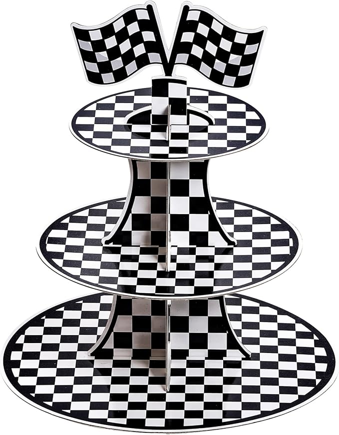 Hmxpls 3-Tier Round Cardboard Cupcake Stand, Racing Car Theme Cardboard Cupcake Holder, Car Theme Dessert Display Stand To...
